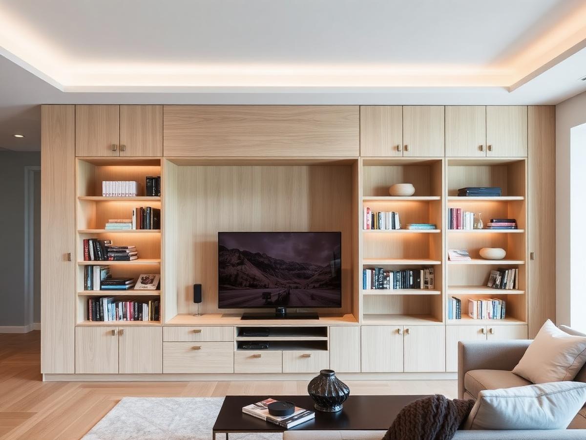 Custom white oak cabinetry with integrated shelving