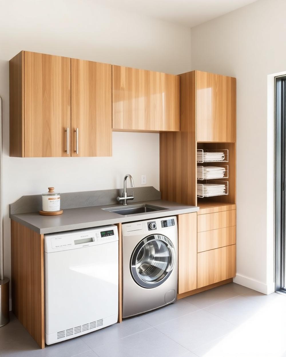 Custom laundry cabinetry in timber with a stone benchtop and integrated sink