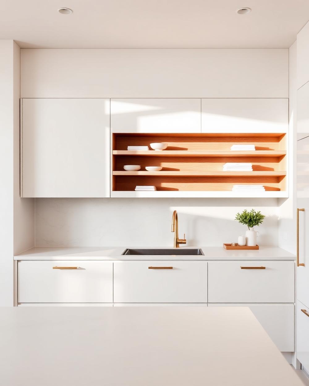 Handleless white custom kitchen with warm timber open shelving and brass tapware