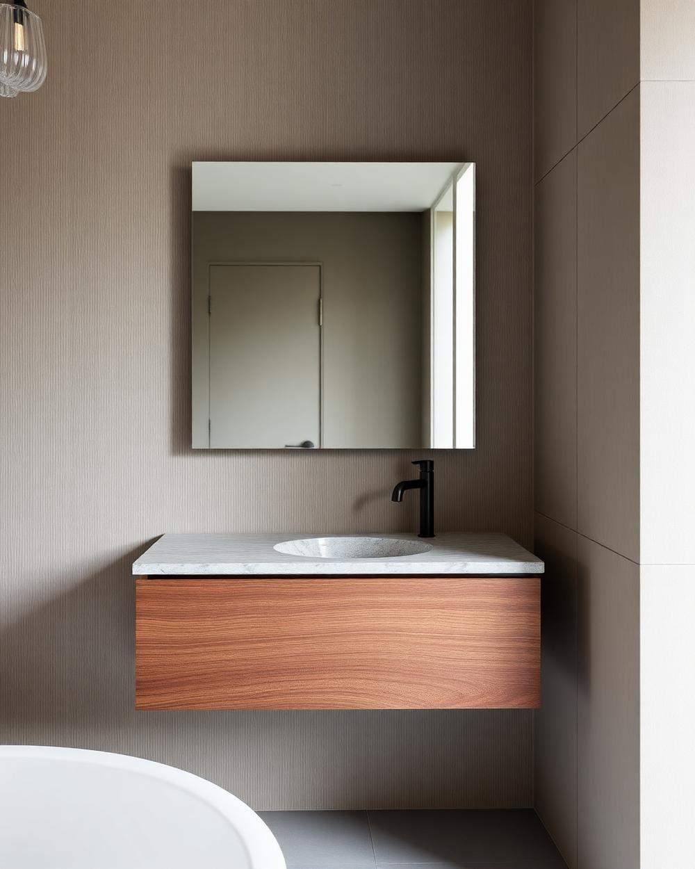 Floating timber bathroom vanity with a stone top and matte black tapware