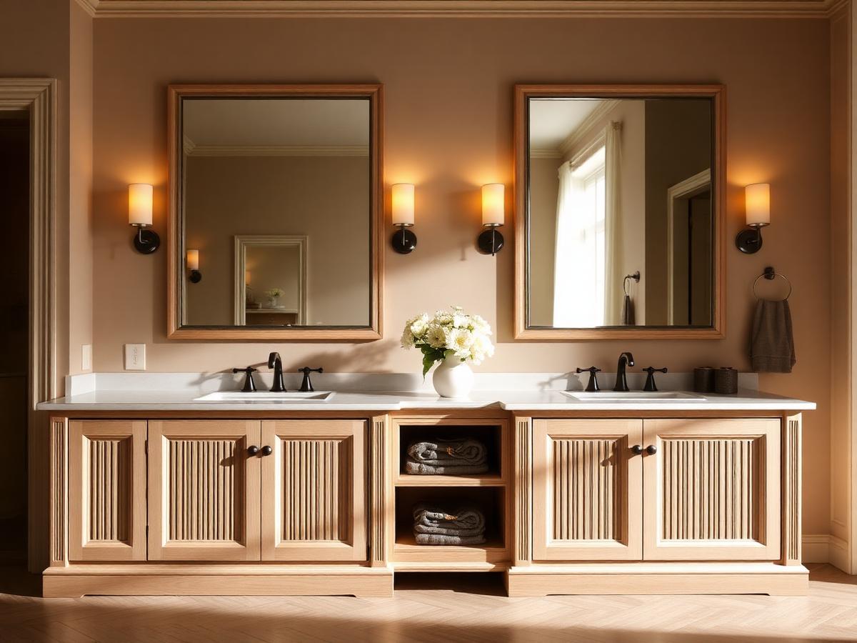 Double bathroom vanity in white oak with fluted detailing and framed mirrors