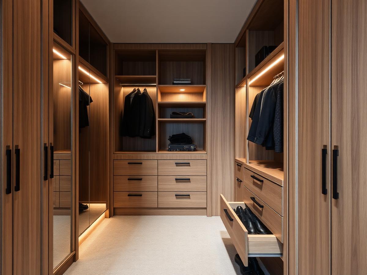 Walk-in wardrobe with custom timber joinery and soft integrated lighting