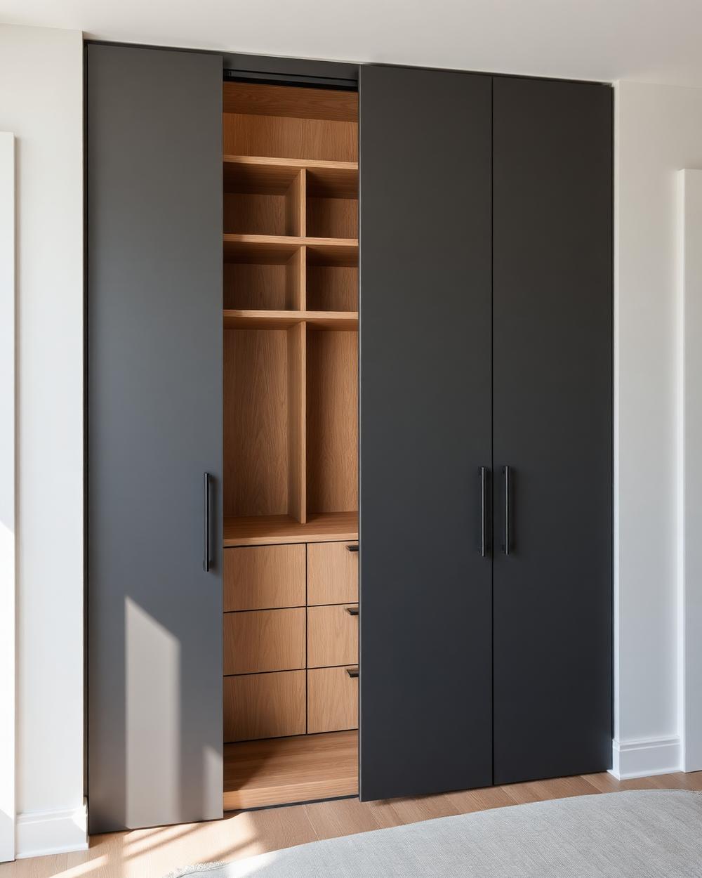 Built-in bedroom wardrobe with matte charcoal doors and warm oak interior shelving
